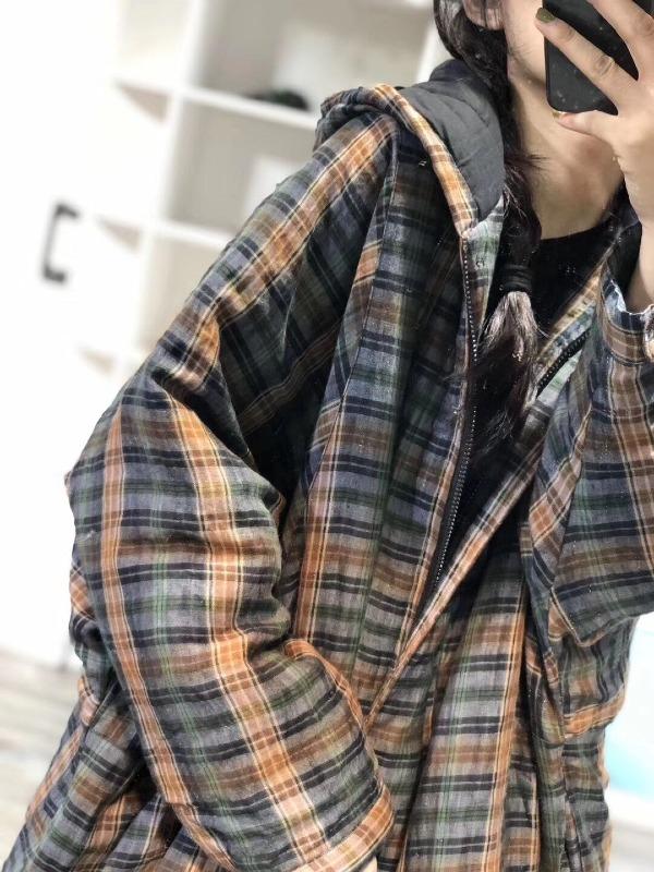 Vintage Plaid Long Hooded Coat