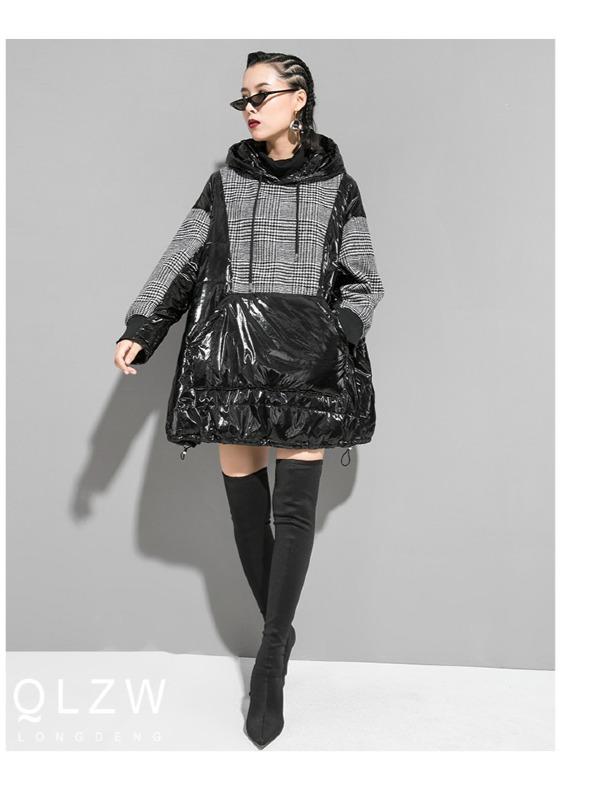 Plaid Stitching Padded Loose Long Hoodie