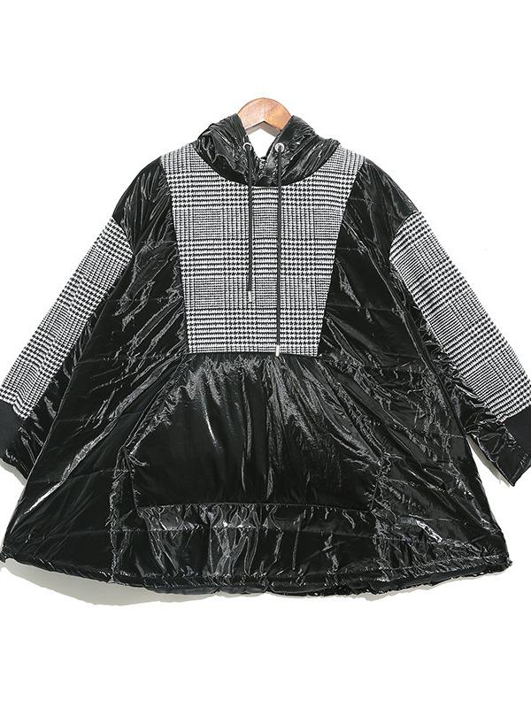 Plaid Stitching Padded Loose Long Hoodie