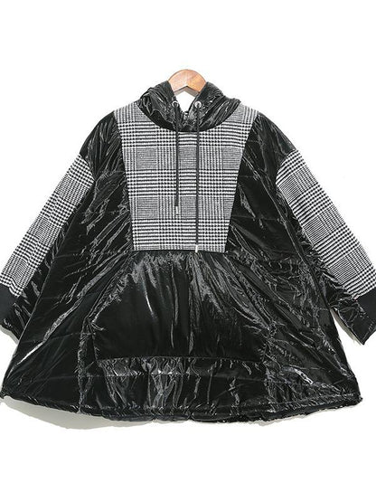 Plaid Stitching Padded Loose Long Hoodie