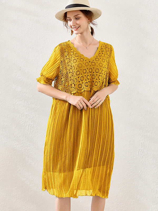 Original Loose Hollow Split-Joint Pleated Falbala Midi Dress
