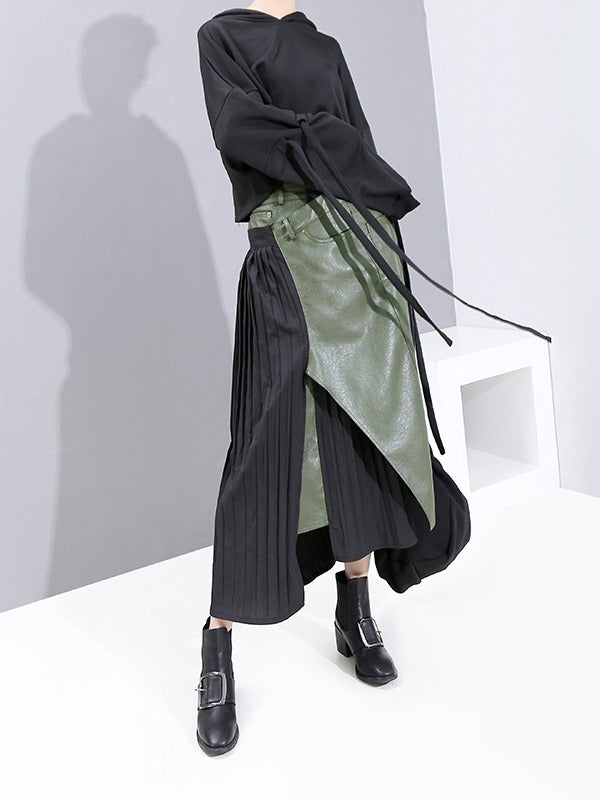 Pleated Stitching Cropped PU Skirt