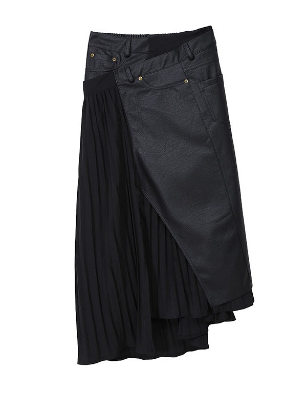 Pleated Stitching Cropped PU Skirt