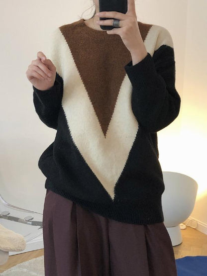 Retro Contrast Color Round-Neck Knit Sweater