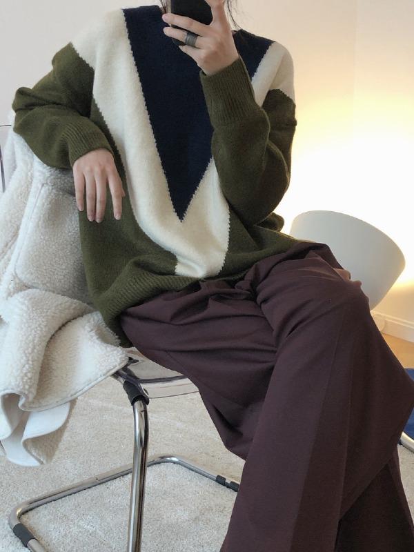 Retro Contrast Color Round-Neck Knit Sweater