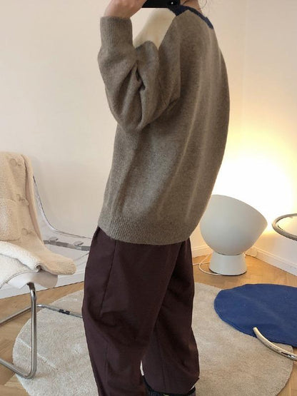 Retro Contrast Color Round-Neck Knit Sweater