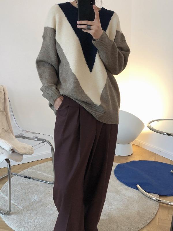 Retro Contrast Color Round-Neck Knit Sweater