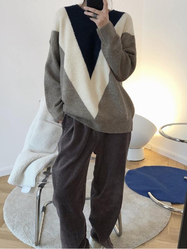 Retro Contrast Color Round-Neck Knit Sweater