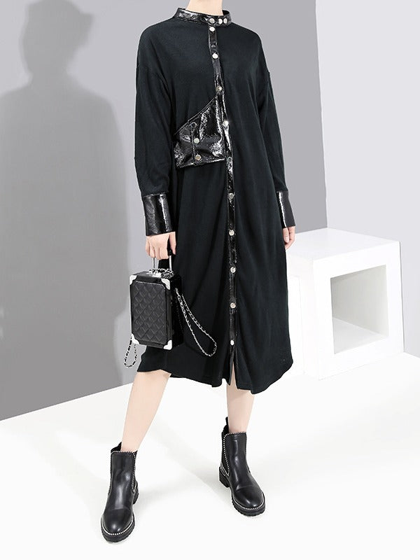 Stitching Color Stand Collar Shirt Dress