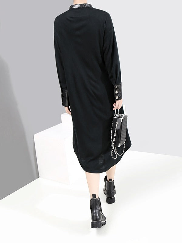 Stitching Color Stand Collar Shirt Dress