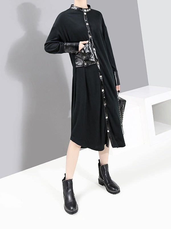 Stitching Color Stand Collar Shirt Dress