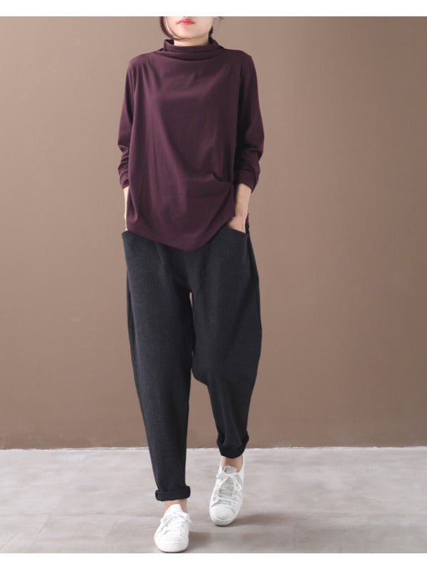 PLAIN PLEATED KNIT ASYMMETRIC T-SHIRT
