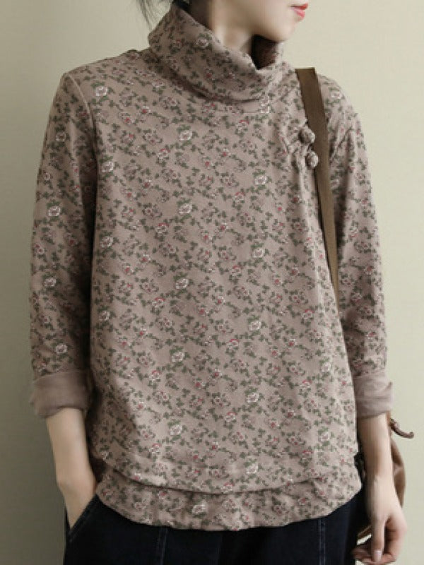 VINTAGE FLORAL HIGH-NECK LONG SLEEVE T-SHIRT