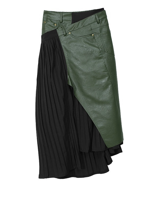 Pleated Stitching Cropped PU Skirt