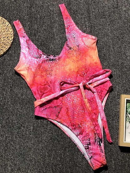 Lace Up Snakeskin Print One Piece Swimsuit