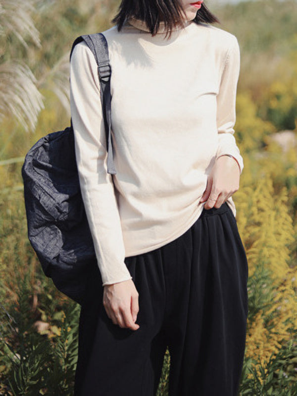 Plain Casual Long Sleeve High Collar T-Shirt