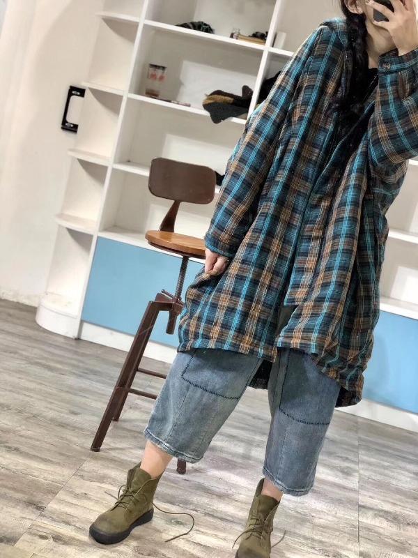 Vintage Plaid Long Hooded Coat