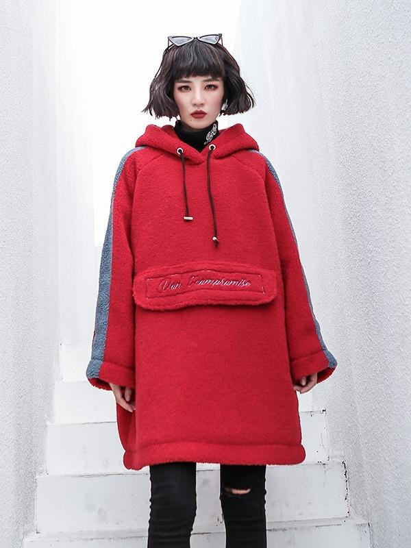 LOOSE EMBROIDERED WOOLEN MID-LENGTH HOODIE - Zebrant