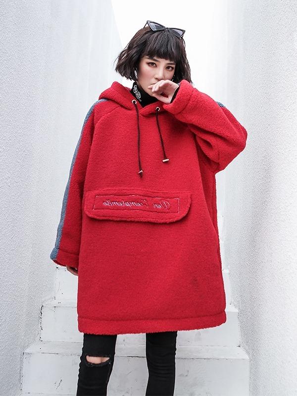 LOOSE EMBROIDERED WOOLEN MID-LENGTH HOODIE - Zebrant