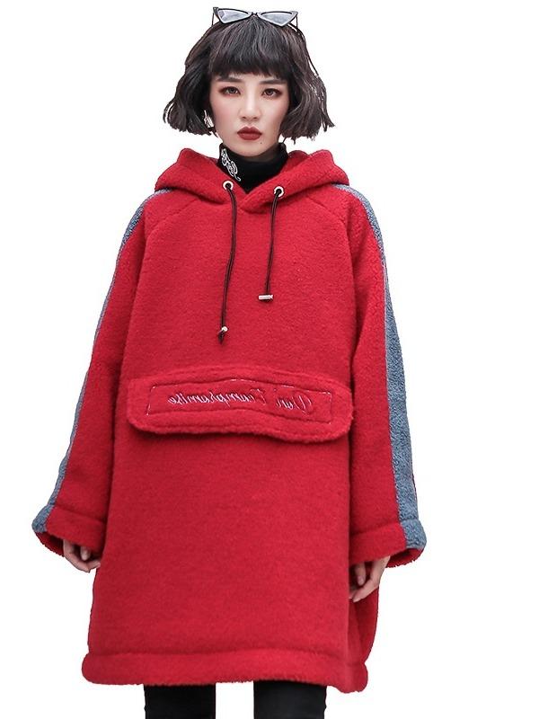 LOOSE EMBROIDERED WOOLEN MID-LENGTH HOODIE - Zebrant