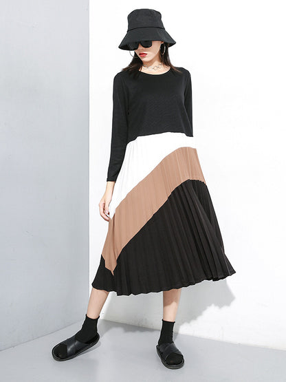 Knit Stitching Color Round Neck Midi Dress