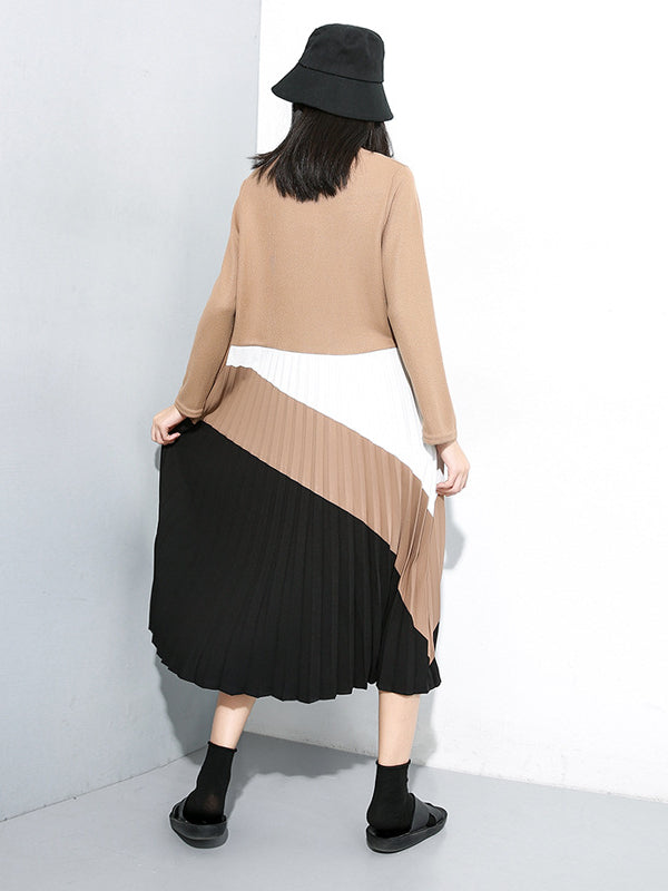 Knit Stitching Color Round Neck Midi Dress
