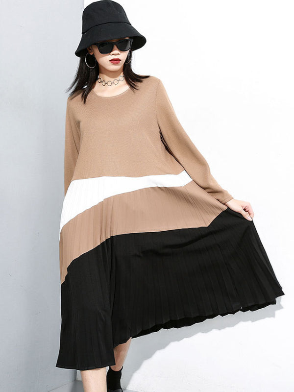 Knit Stitching Color Round Neck Midi Dress