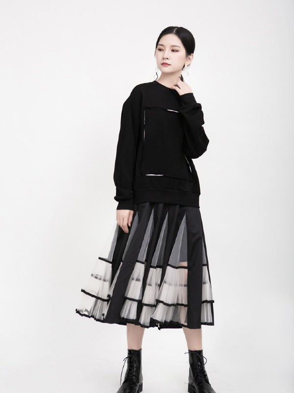 HIGH-RISE MESH LACE PLEATED SKIRT