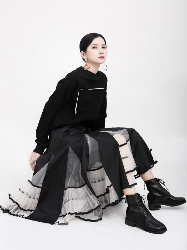 HIGH-RISE MESH LACE PLEATED SKIRT