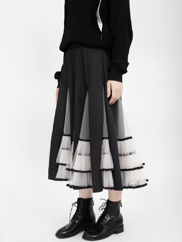 HIGH-RISE MESH LACE PLEATED SKIRT