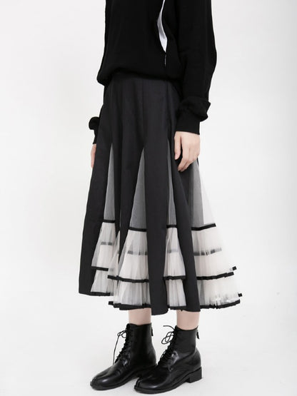HIGH-RISE MESH LACE PLEATED SKIRT
