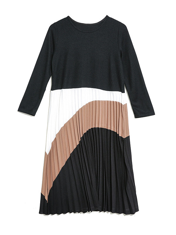 Knit Stitching Color Round Neck Midi Dress