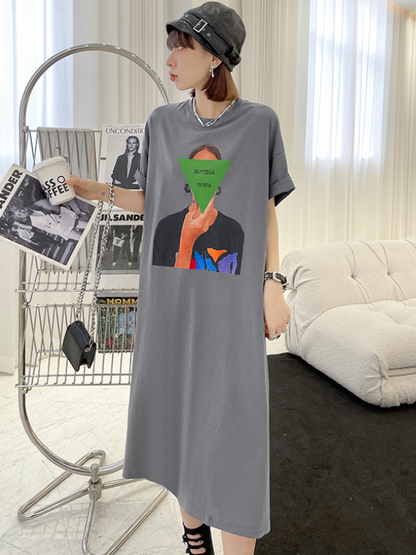 Casual Solid Color Printed Split-Side Short Sleeves H-Line Midi Dress