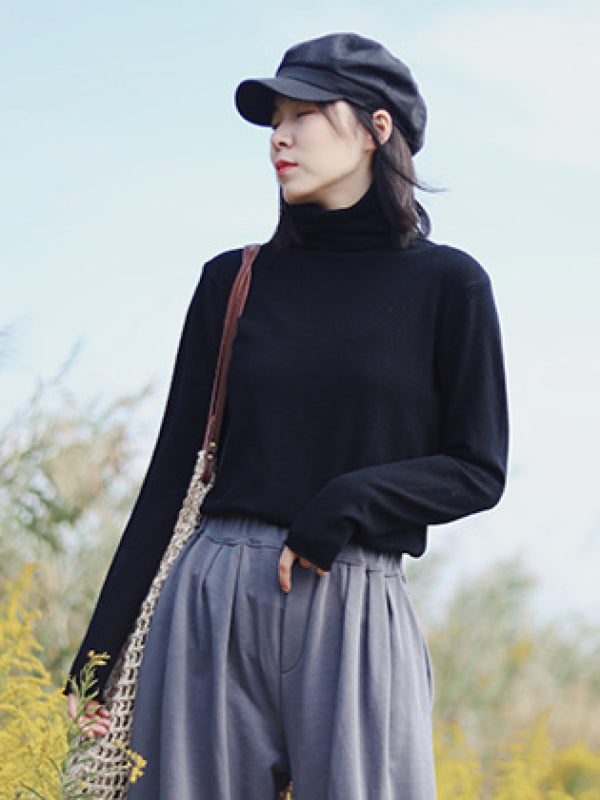 Plain Casual Long Sleeve High Collar T-Shirt