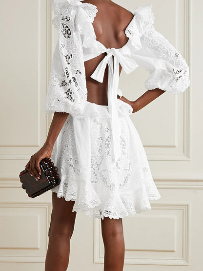Fashion Solid Color Backless Hollow Lace V-Neck Bishop Sleeve Mini Dress