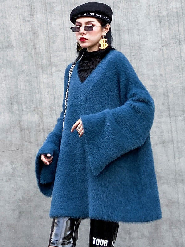 Loose V-Neck Mohair Knitting Sweater