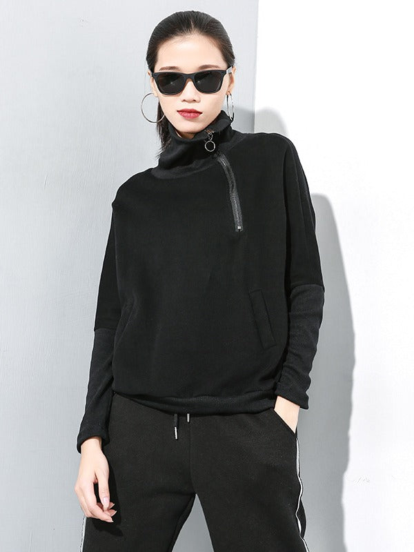 Black Zipper Stitching Turtleneck Sweatshirt