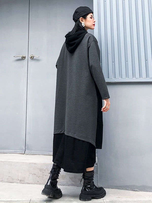 Splicing Color Loose Long Hooded A-Line Dress
