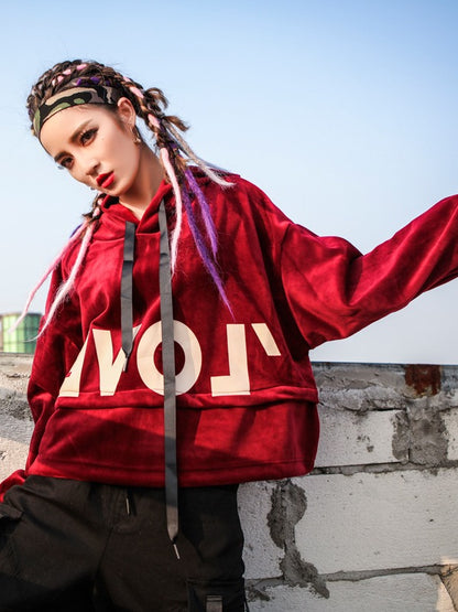 Letter Printed Loose Velvet Hoodie