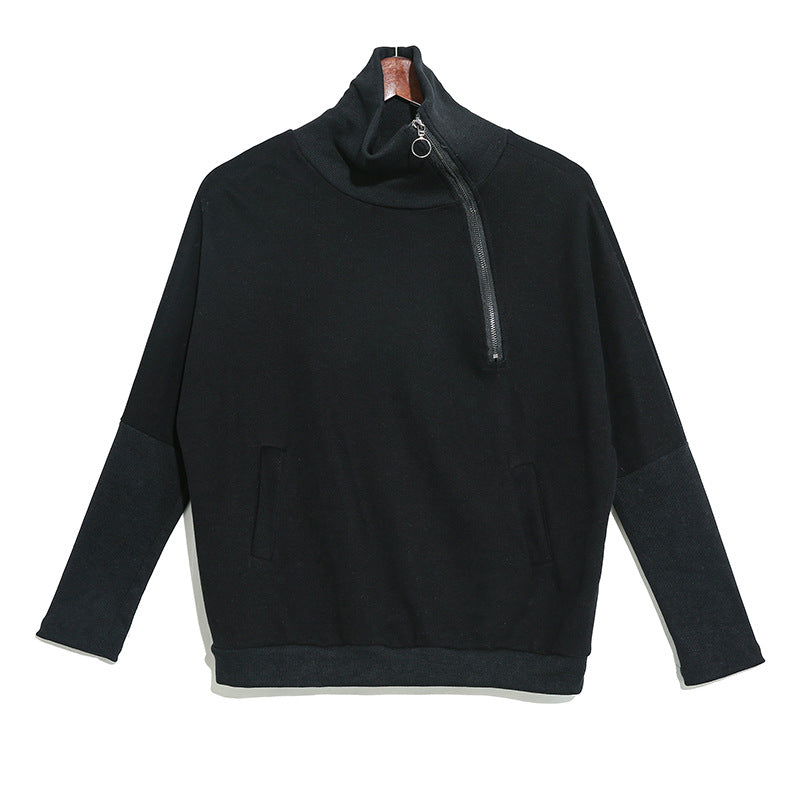 Black Zipper Stitching Turtleneck Sweatshirt