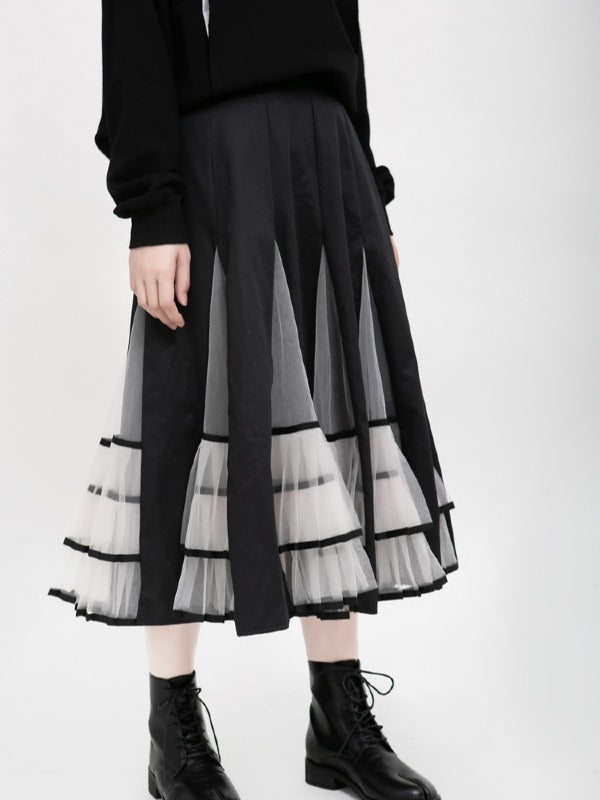 HIGH-RISE MESH LACE PLEATED SKIRT