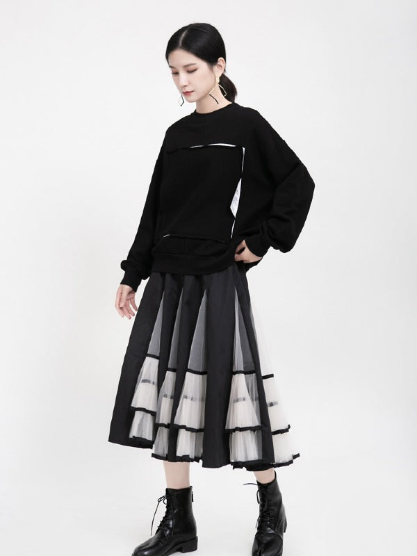 HIGH-RISE MESH LACE PLEATED SKIRT