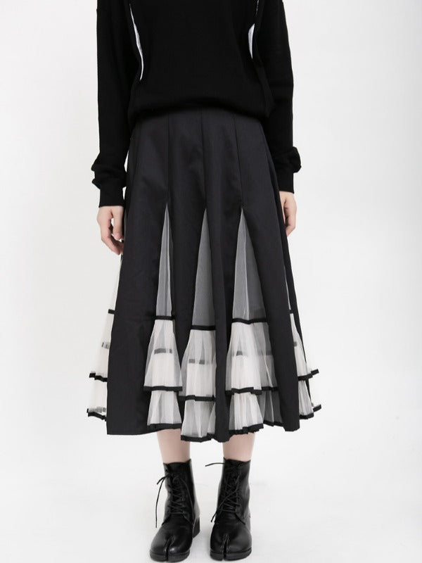HIGH-RISE MESH LACE PLEATED SKIRT
