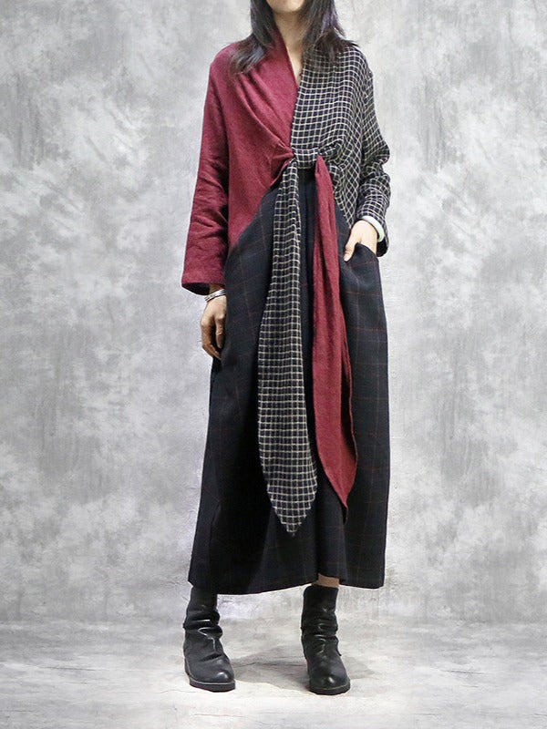 Stitched Plaid Chest Cross V-Neck Maxi Dress