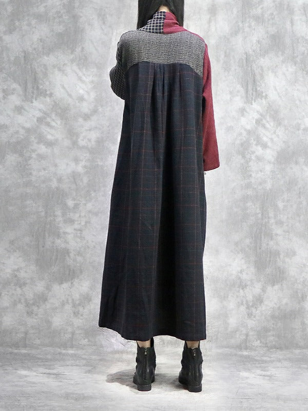 Stitched Plaid Chest Cross V-Neck Maxi Dress