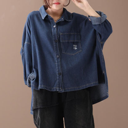 Buykud High Low Hem Frayed Pure Color Loose Denim Coat