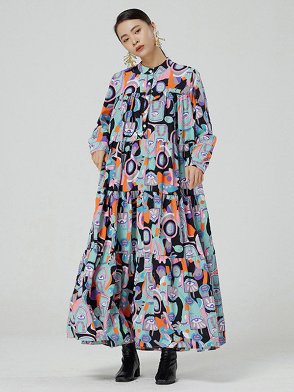Original Abstract Printed Stand Collar Long Sleeves Midi Dress