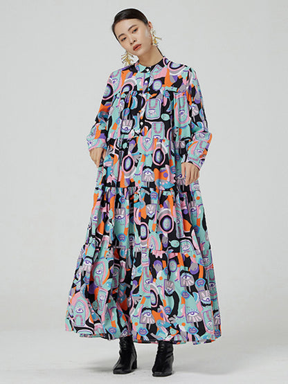 Original Abstract Printed Stand Collar Long Sleeves Midi Dress
