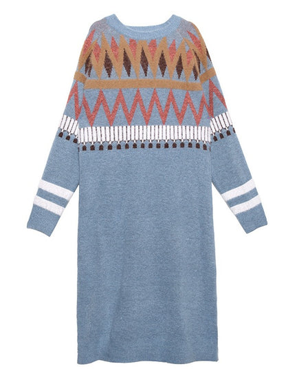 Loose Printed Round-Neck Knitting Sweater Dress