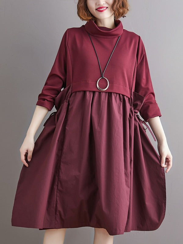 STITCHED PLEATED BANDGE HIGH-NECK DRESS